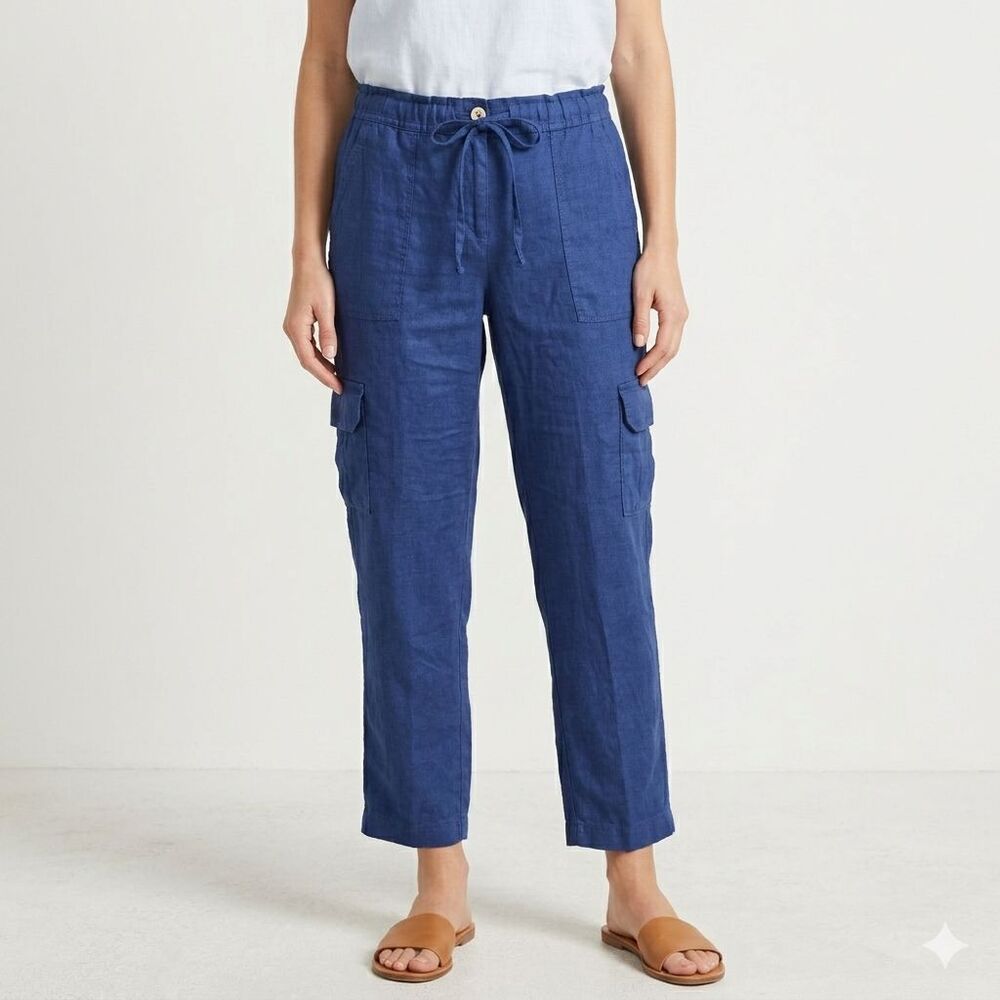 Tommy Bahama Womens Small Blue Linen Cargo Pants Drawstring Crop Summer Resort